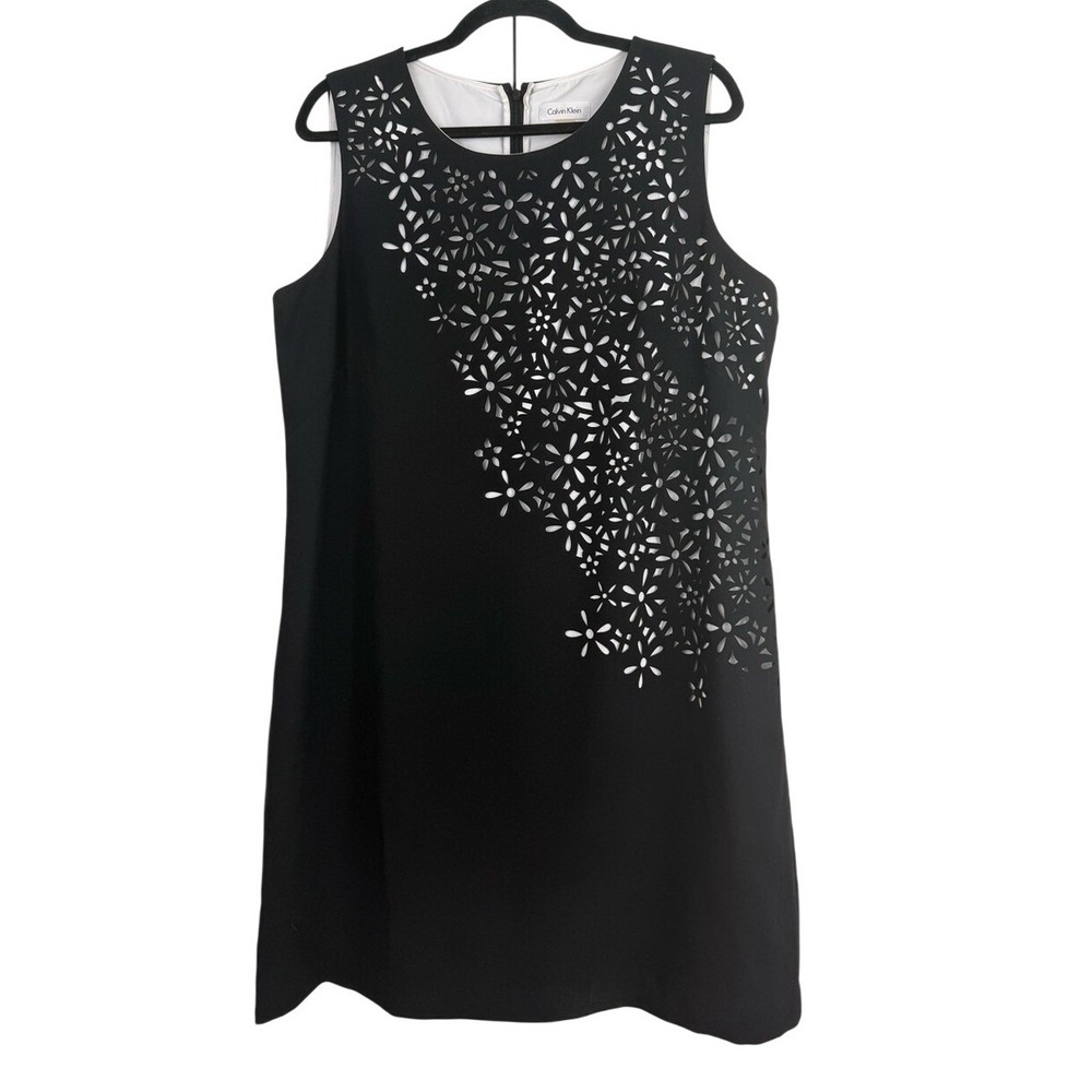 Calvin‎ Klein Black Laser Cut Floral Overlay White A-Line Dress Size 16